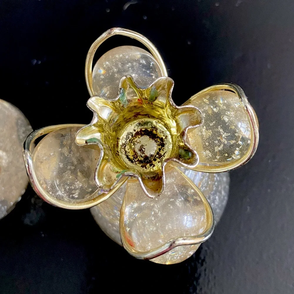Vintage Lucite Acrylic Candle Sticks Holders Clear W/Gold Flecks Cone & Ball